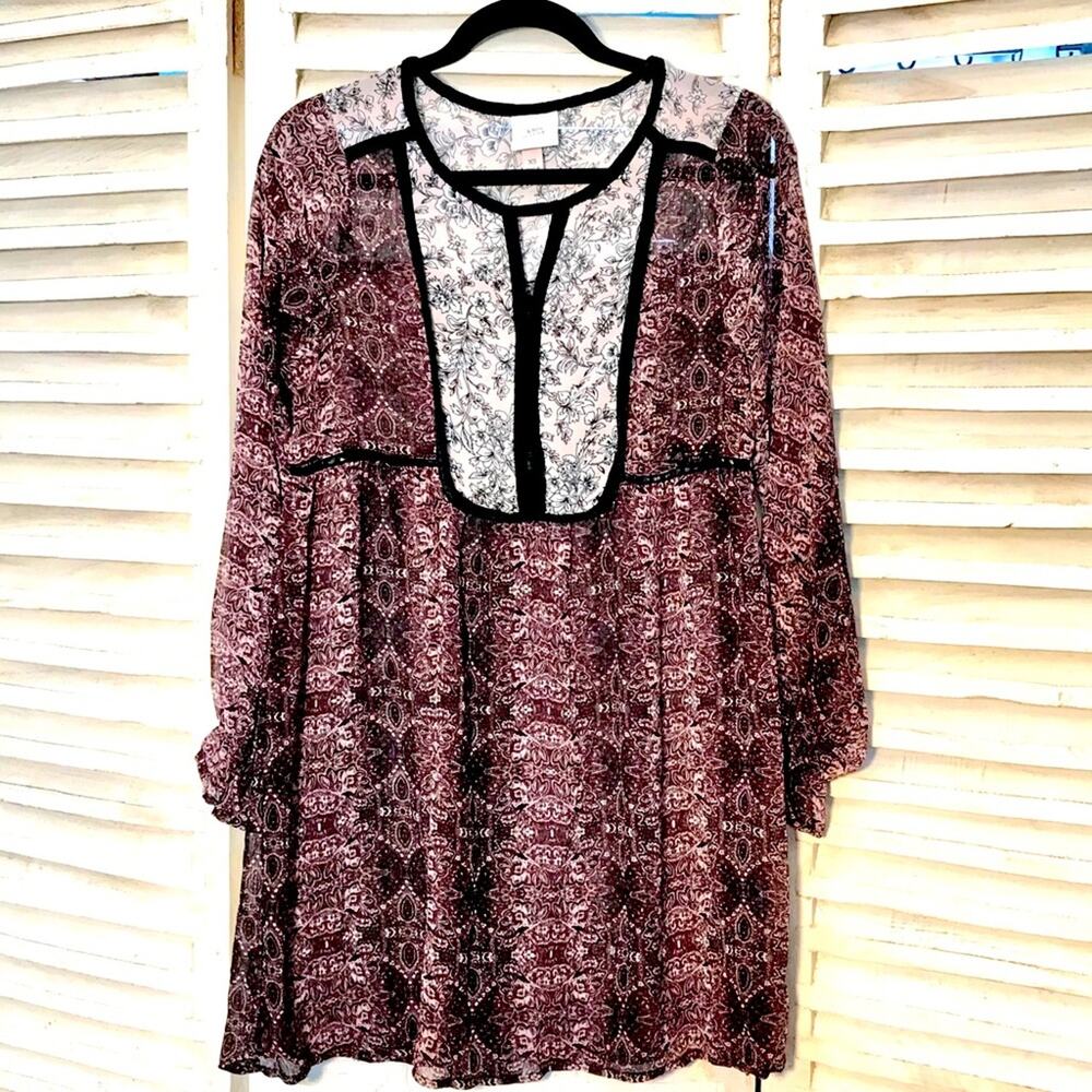 Knox Rose Women's Size XS Oversized Sheer Maroon Bohemian Mini Tunic Boho Dress